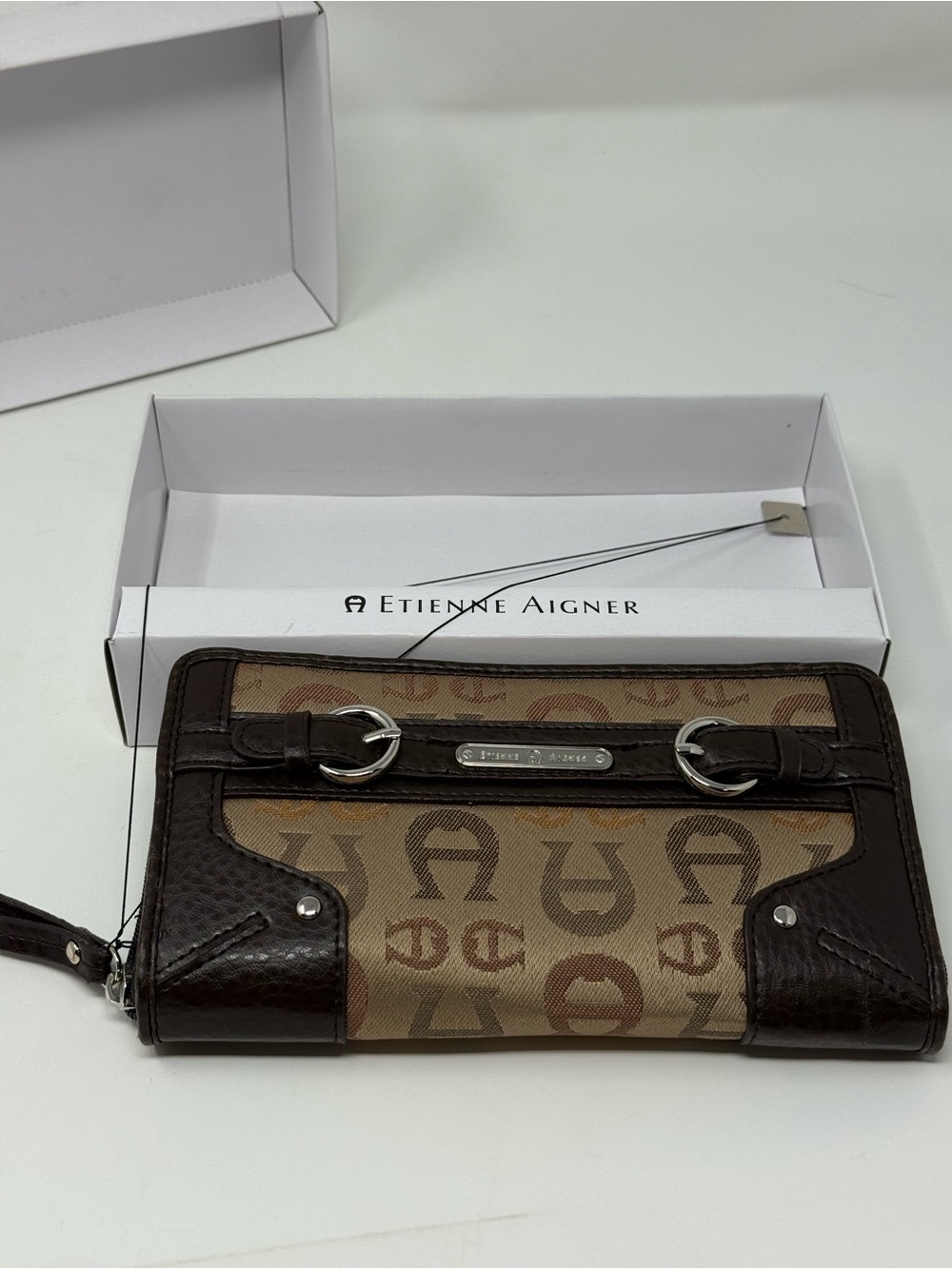 Etienne Aigner Brown Signature Logo Wristlet Wallet with Dark Brown Trim